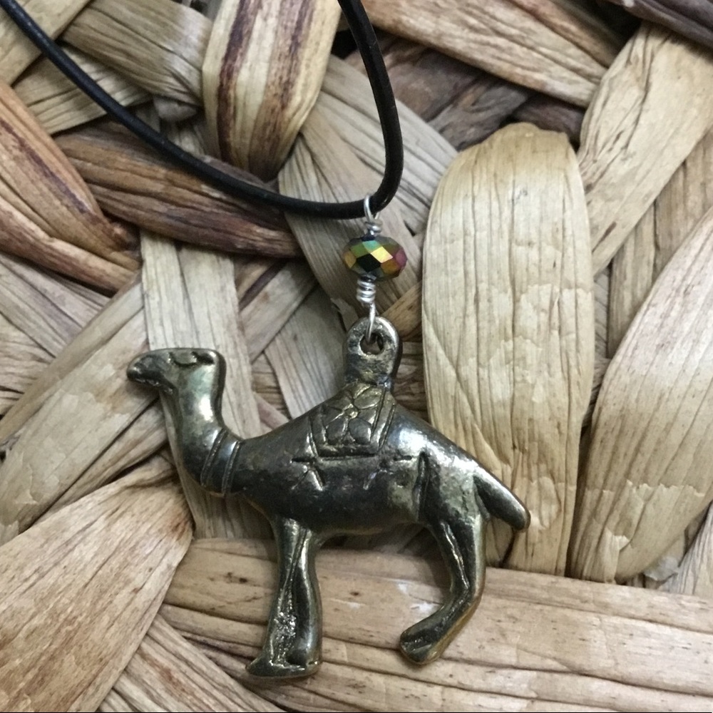 Handmade Brass colored camel boho on leather cord necklace